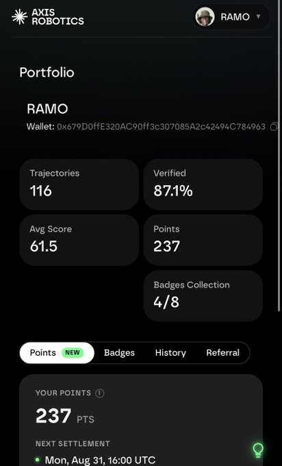 A mobile screenshot of a dark-themed dashboard for 'AXS ROBOTICS' showing a user portfolio named 'RAMO' with stats for Trajectories (116), Verified (87.1%), Avg Score (61.5), and Points (237).