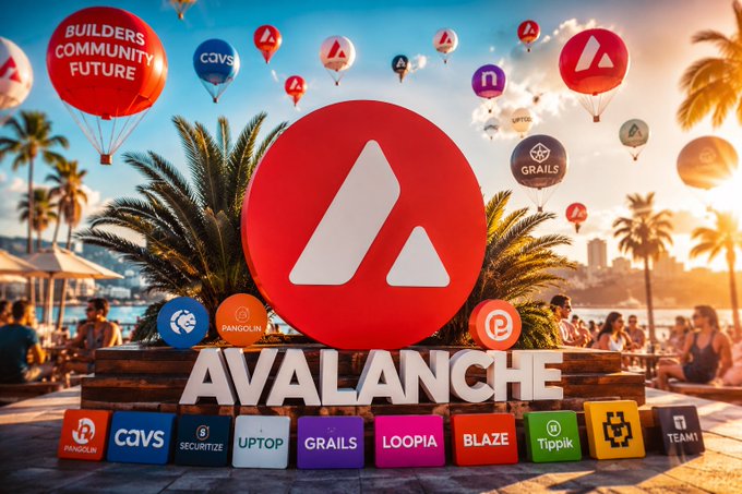 A vibrant promotional image for Avalanche featuring a large red AVAX logo at a beachside event with balloons, palm trees, and various project logos including Pangolin, CAVS, UPTOP, Grails, and Loopia.