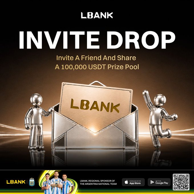 A promotional image for LBank's "Invite Drop" campaign, featuring two silver figures opening a glowing envelope marked "LBANK," advertising a 100,000 USDT prize pool for inviting friends, along with branding noting LBank as the regional sponsor of the Argentina National Team.