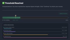 Nucleus Vision "Threshold Reached" screen showing 0.074% ranking at 297,001, with a progress bar indicating the user has hit the required signal strength to access 3 active campaigns, including one labeled "Dragon Realm" that's just started.