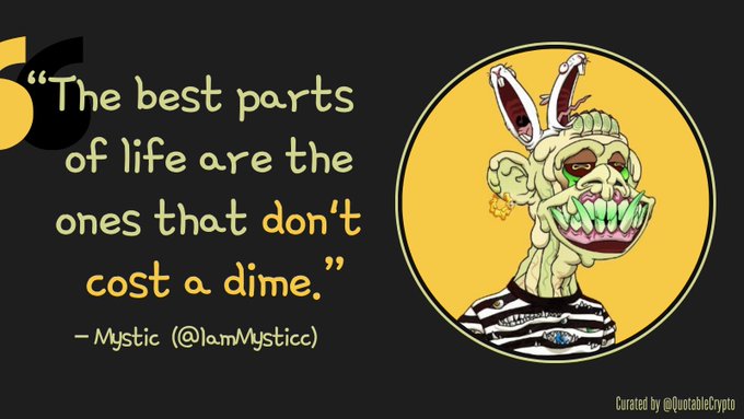 Quote graphic featuring a cartoon rabbit wearing bunny ears and a black-and-white striped shirt that reads: 'The best parts of life are the ones that don't cost a dime.' — Mystic (@IamMystlcc), curated by @quotablecrypto.