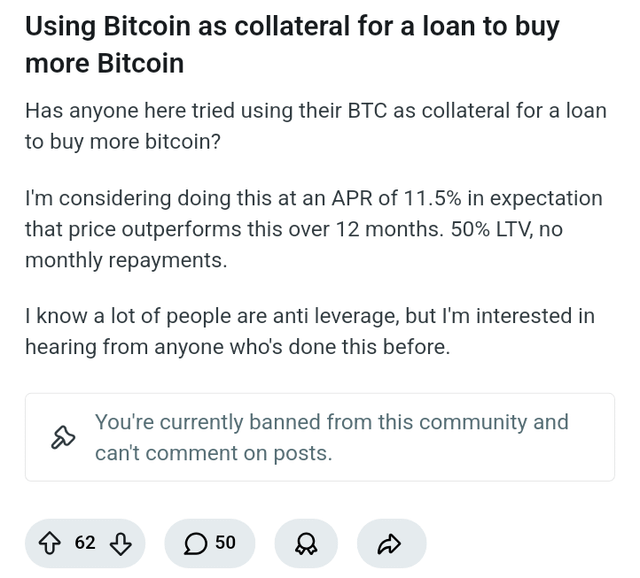 The image shows a screenshot of a social media post that includes a message about using Bitcoin as a collaborative means for buying or lending money, with an emphasis on the potential benefits of using Bitcoin. The post also mentions a recent ban from a community group, which could be related to the use of Bitcoin in this context.