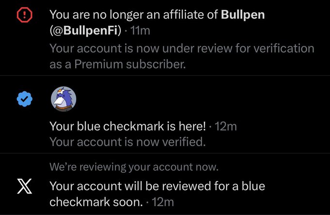 The image shows X (Twitter) notifications indicating the user is no longer an affiliate of @BullpenFi and that their blue checkmark verification is now under review. This aligns with the accompanying post, which expresses gratitude to Bullpen for their support and suggests the user is moving on to new ventures while cherishing their time as part of the @BullpenFi team.