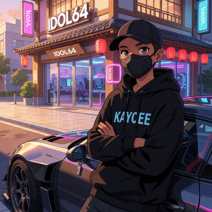 An anime-style illustration of a character wearing a black mask and a hoodie with 'KAYCEE' written on it, standing in front of a sports car and a neon-lit store labeled 'IDOL64'.