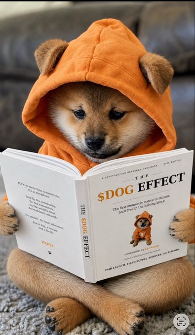 An AI-generated image of a Shiba Inu puppy wearing an orange bear hoodie, sitting and reading a book titled 'THE $DOG EFFECT'.
