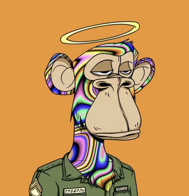 The image features a cartoon monkey dressed as a soldier with a green uniform. The monkey has some blue and purple color patterns and a white hat, giving it an unusual appearance. This unique design could be related to the post by the artist @BoredApeYC. They have posted about this particular piece of artwork for sale in their online store called Trippy Trade: @US Army Acquires A Trippy Fur Ape After Striking A Blockbuster Deal With #GrailsOTC . The image is accompanied by a caption that discusses how to acquire the artwork and reads more below the post.