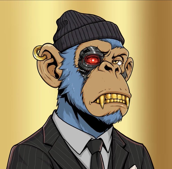 A digital illustration of a blue-furred cyberpunk chimpanzee character wearing a black beanie and pinstripe suit, featuring a cybernetic red-eye implant, gold earring, and gold-capped teeth.