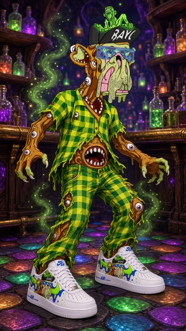 A colorful illustration of a grotesque, multi-eyed monster wearing a green checkered outfit, a 'BALL' cap with a small green creature on top, and white sneakers with custom designs, standing in front of a bar with glowing potions.