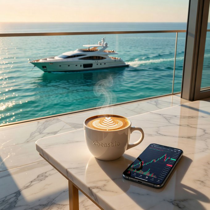 A luxurious lifestyle scene showing a cup of coffee with latte art and a smartphone displaying a stock chart on a marble table, with a large white yacht cruising on blue ocean waters visible through a window.