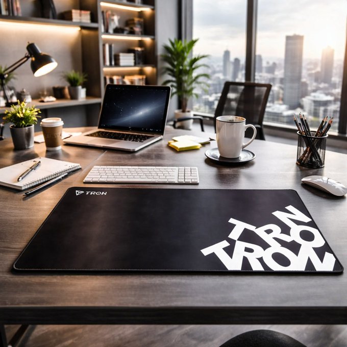 A modern office desk setup featuring a laptop, coffee, keyboard, and a large black mousepad prominently displaying 'TRON' branding with a city skyline view in the background.