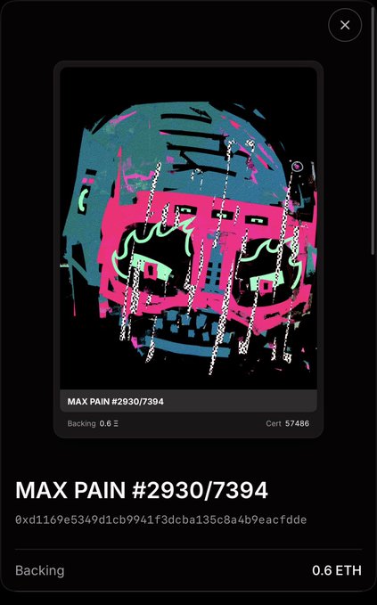 A NFT marketplace listing for MAX PAIN #2930/7394 priced at 0.6 ETH, showing a neon pink and teal glitch-art skull design with the contract hash 0xd1169e5349d1cb9941f3dcba135c8a4b9eacfdde.