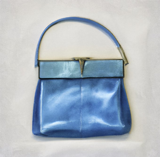 A blue leather handbag with a metal clasp sits on a white surface, photographed with a faded, vintage filter effect.