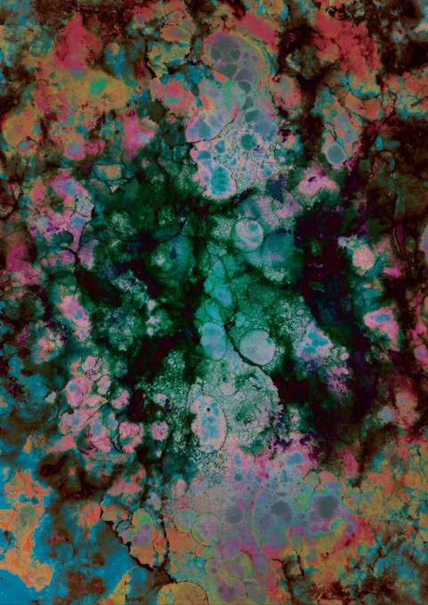 An abstract, painterly composition featuring swirling blobs of green, pink, blue, and earthy tones with cellular-like bubble textures and cracked patterns.