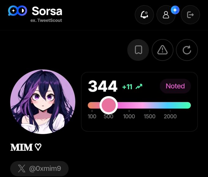 A Sorsa profile for “MM♡” (@0xmim9) shows a score of 344, up 11, with a “Noted” badge. The profile is aiming for its next major target of 1000.