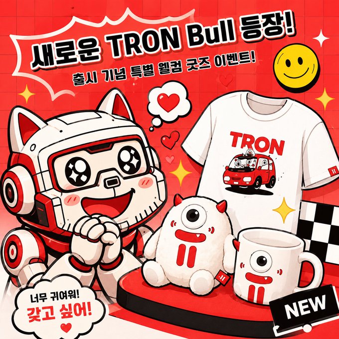 A Korean promotional graphic featuring a cartoon robot character and TRON merchandise (t-shirt, plush, mug) with text reading '새로운 TRON Bull 등장!' and '출시 기념 특별 랠링 굿즈 이벤트!'.
