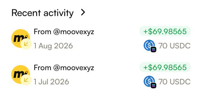 A digital transaction history showing two recent deposits of '+ $69.98565' (70 USDC) from user @moovexyz dated 1 Aug 2026 and 1 Jul 2026.