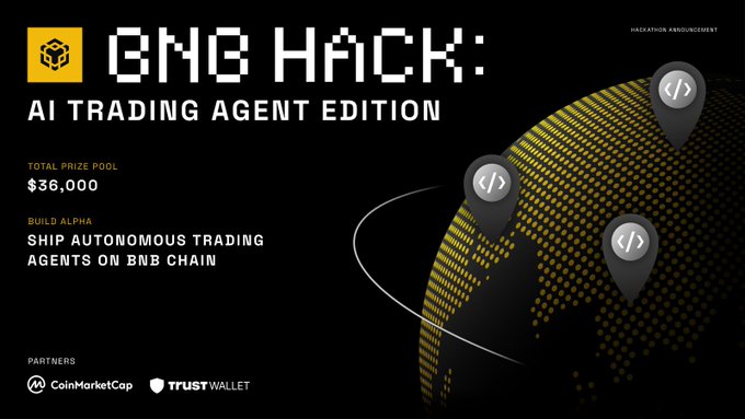 The image shows a black background with a map of the world on top of it. The text "BNN HACK" is prominently displayed at the top left corner of the image, along with the terms "AI Trading Agent Edition". Below this, there are three locations marked with points and lines connecting them, representing a visual representation of the trading agents involved in the @BNBCHAIN Hack: Autonomous Agents on BNB Chain. At the bottom right side of the image, the caption reads "Focus on what is in the image and how it relates to the post". The overall layout suggests that this could be a promotional or educational material for the AI Trading Agent Edition hack.