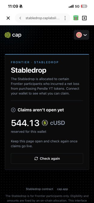 A mobile screenshot of the 'cap' app showing a Stabledrop page indicating 'Claims aren't open yet' with 544.13 cUSD reserved for the connected wallet.
