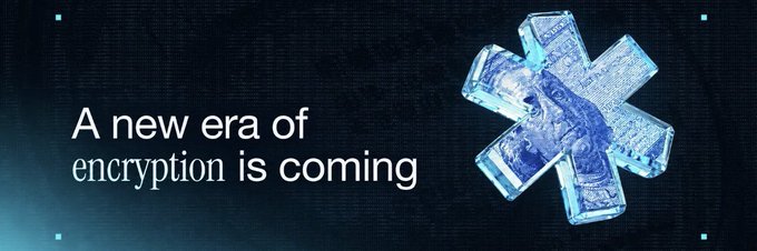 A blue, icy asterisk symbol accompanies the bold text "A new era of encryption is coming" against a dark background, visually reinforcing the Fhenix project's announcement of its CoFHE testnet launch on Ethereum Sepolia, Arbitrum Sepolia, and Base Sepolia following a $22M raise.