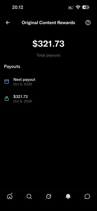 A mobile screenshot of a YouTube "Original Content Rewards" page showing total payouts of $321.73, with the next payout scheduled for Oct 9, 2026.
