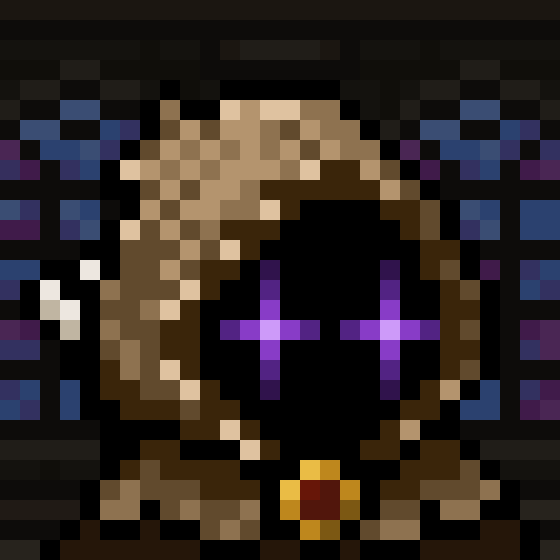 Pixel art depicts a brown-skinned character with bright purple cross-shaped eyes and a red and yellow gem on their chest against a dark, textured background.