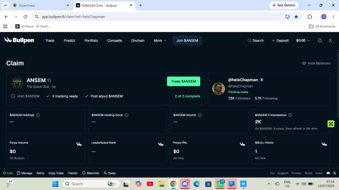 Bullpen Claim page for the $ANSEM token, showing the X handle @helisChapman with 78K followers, 2 of 3 tasks complete, and zero $ANSEM holdings, volume, or PNL.