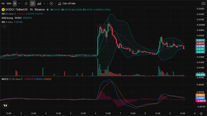 A cryptocurrency trading chart for the DODO/TetherUS pair on Binance, showing a 1-hour candlestick graph with Bollinger Bands and a MACD indicator below.