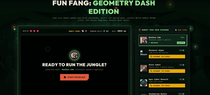 The image shows the "FUN FANG: GEOMETRY DASH EDITION" game interface, featuring gameplay stats like "RABBIT COINS: 0", "RUNNING MILES: 0 mi", and "BEST: 2824 mi", alongside a "RABBIT COIN SKIN EXCHANGE" with items like "Bruiser Cub" and "Blooncot Alpha". This relates to the post by highlighting the game's features and indicating it's ready for players to engage with, potentially earning coins or unlocking skins.