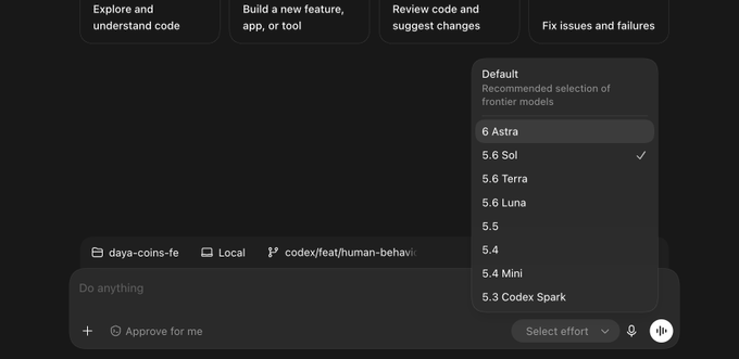A model selection dropdown showing options like '6 Astra', '5.6 Sol', '5.6 Terra', '5.6 Luna', '5.5', '5.4', '5.4 Mini', and '5.3 Codex Spark' with 'Do anything' input field.