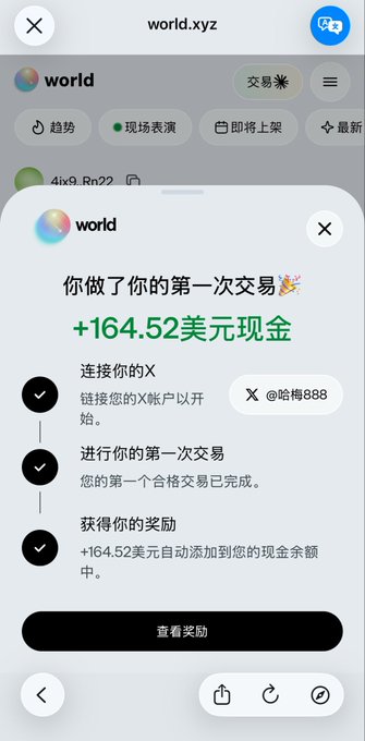 A screenshot of world.xyz showing a $164.52 USD cash reward prompt for completing a first trade, with steps for connecting X account @哈佛888, completing the first trade, and receiving the automatic reward.