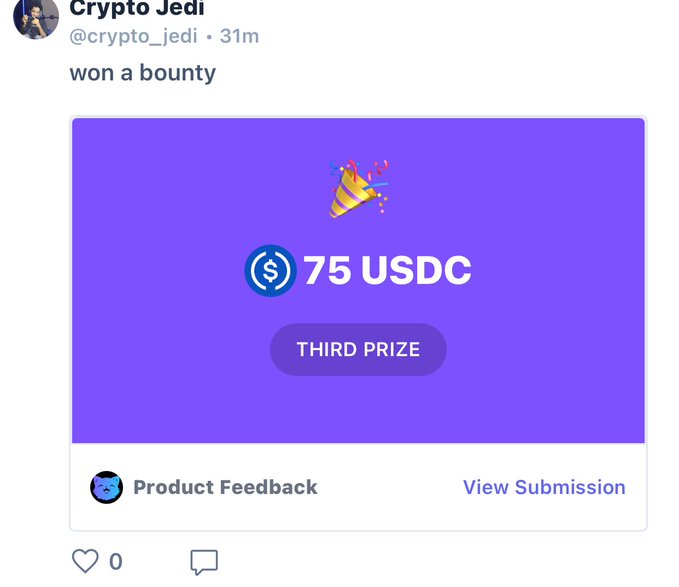 A user named Crypto Jedi (@crypto_jedi) shares that they "won a bounty," displaying an image of a purple award card showing they received 75 USDC as a Third Prize for Product Feedback, which they describe in the caption as an "Anniversary gift from @FatCatTrading & @SuperteamEarn."