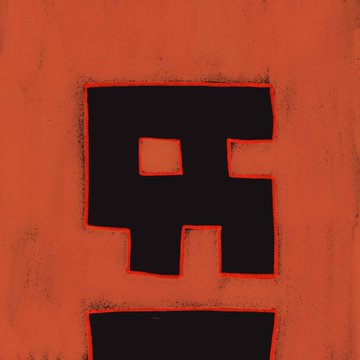 A simple, bold stencil-style design shows a black character resembling Japanese katakana "ガ" (ga) on a textured red background, evoking graffiti or protest art aesthetics.