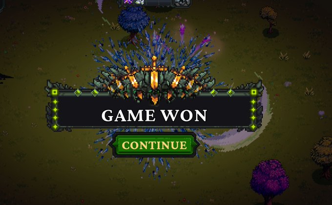 A screenshot from a video game showing a 'GAME WON' banner and a green 'CONTINUE' button superimposed over pixelated spacecraft and explosions.