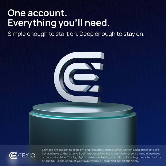 A CEX•IO promotional image featuring a metallic "C" logo on a teal pedestal against a dark blue background, with the headline "One account. Everything you'll need" and the tagline "Simple enough to start on. Deep enough to stay on," alongside a disclaimer about services being subject to eligibility and regulatory restrictions.