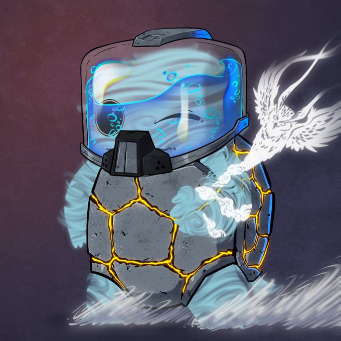 A digital illustration of a character wearing a futuristic gray and cracked suit with a glass helmet filled with blue liquid, featuring a glowing white bird-like spirit.
