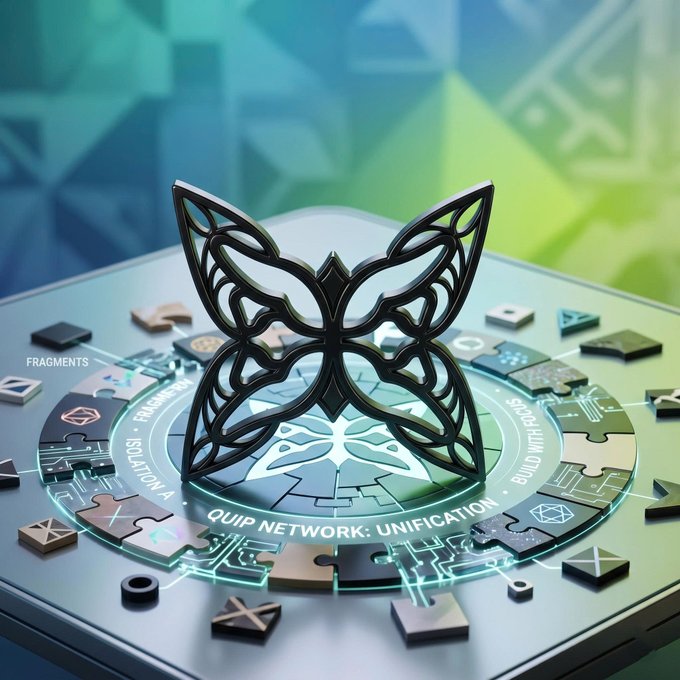 A 3D-rendered trophy or emblem with butterfly-like wings sits on a circular platform labeled "QUIP NETWORK: UNIFICATION," surrounded by puzzle pieces and fragments in a tech-themed setting.
