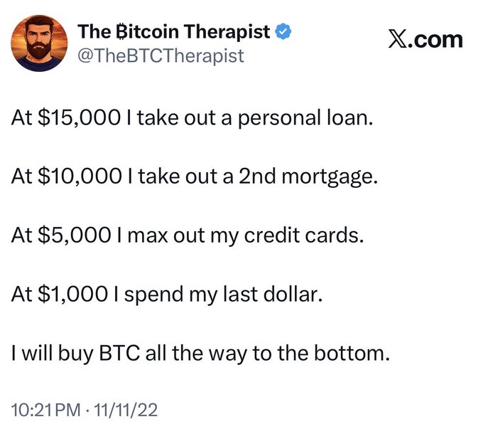 In this image, there is a screenshot of a meme posted on Twitter that contains four lines of text related to Bitcoin transactions. The first line of text reads "At $15,000 I take out a personal loan", which indicates that someone might be looking into purchasing Bitcoin at an initial investment worth $15,000. The second line states "I take out a 2nd mortgage" in reference to Bitcoin lending or taking on cryptocurrency risks, suggesting that the person's financial situation involves a significant amount of money or is being leveraged towards buying Bitcoin. 

The third line mentions "I spend my last dollar buying BTC all the way to the bottom", implying that the individual has spent their entire available funds on Bitcoin transactions. The final lines of text explain, "Today it may have seemed incredibly risky to buy the dip". This part of the meme serves as a reminder about how Bitcoin values can fluctuate rapidly and emphasizes the importance of careful planning and wise investment decisions when considering Bitcoin purchases.