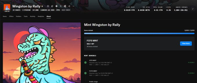 A screenshot of the Wingston by Rally NFT mint page showing "SOLD OUT" status with 2,000/2,000 items minted at a price of 0.0170 ETH, confirming the successful mint referenced in the post celebrating the completed sale.