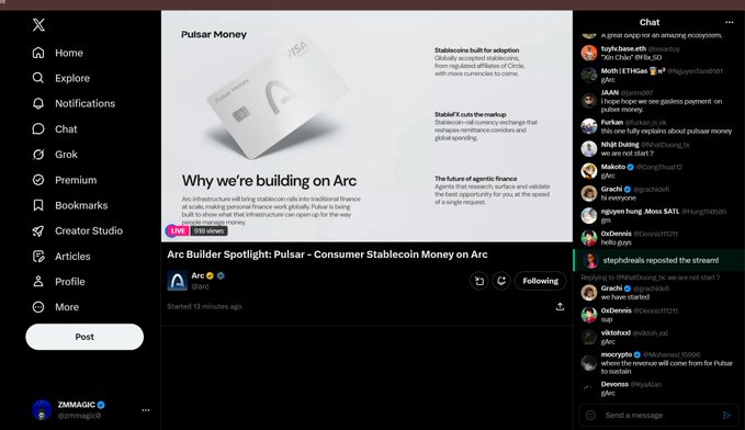 A Twitter/X screenshot displaying an article titled 'Arc Builder Spotlight: Pulsar - Consumer Stablecoin Money on Arc' with the engagement summary 'LIVE Still always'.