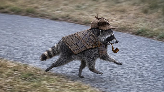An AI-generated image of a raccoon wearing a Sherlock Holmes-style tweed deerstalker hat and cape while running and holding a pipe across a paved path.