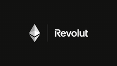 A simple black screen displaying the white Revolut logo, featuring its geometric icon next to the brand name.