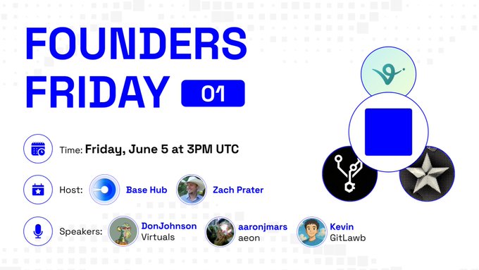 The image features a poster with blue text that reads " Founders Friday 01" at the top. Below this, there are three circles containing different icons related to the event. The first circle has a star icon, the second one has a microphone icon, and the third one has a speaker icon. In addition to these icons, there is also a list of speakers who will be present on Friday.