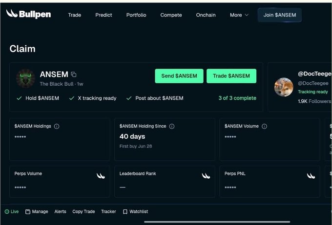 A screenshot of the Bullpen platform showing a "Claim" page for the $ANSEM token with a 3/3 completion status and various stats hidden.