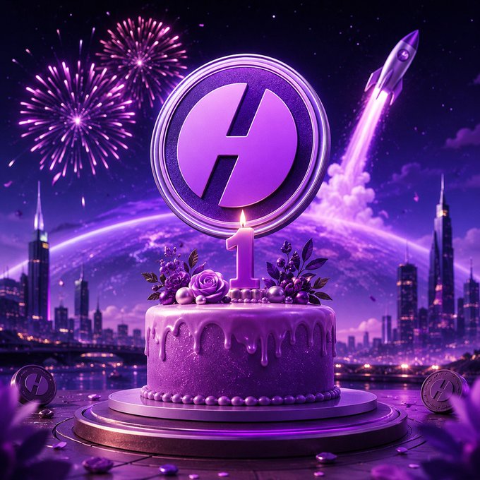 The image features a purple birthday cake with a "H" made of frosting, placed on a platform or pedestal. The cake has a candle on top that is lit, indicating a celebration. The background includes fireworks and buildings, suggesting an urban setting. The caption at the bottom of the image reads "Huma S4空投时间更新 与以往空投时间在月底的惯例不同", which is likely a reference to the post about the Huma Finance coin.
