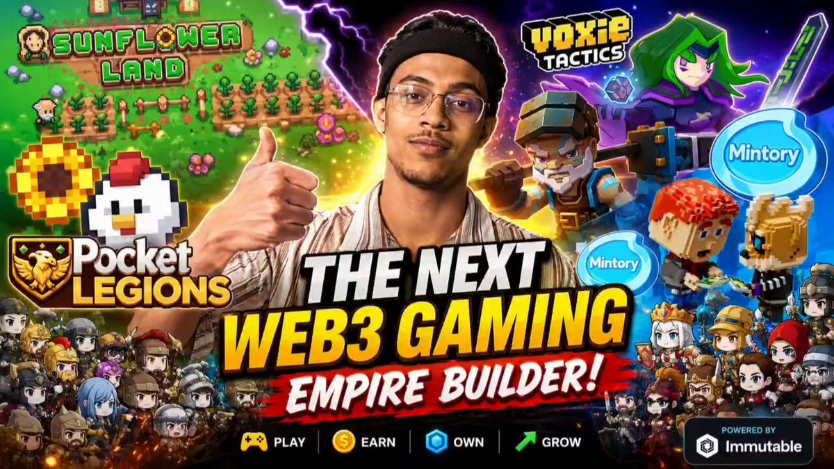 The image features a poster for Pocket Legends game that includes a man giving a thumbs up sign with his hand raised. The poster also contains text about the next Web 3 gaming empire builder and mentions an upcoming tournament at Immutable.