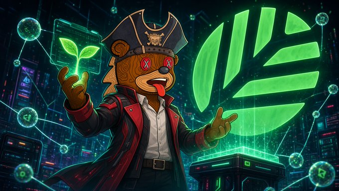 A pirate-themed anthropomorphic bear mascot with red X eyes and a lolling tongue stands amid a cyberpunk neon backdrop, conjuring a glowing green seedling from one hand while presenting a radiant green leaf emblem (resembling the Canopy/CNPY logo) above a blockchain pedestal with the other. The image visually reinforces the post's pitch about CNPY Network providing autonomous onchain "land" for AI agents—framing infrastructure sovereignty through the playful metaphor of a pirate cultivating his own digital territory rather than relying on rented platforms.