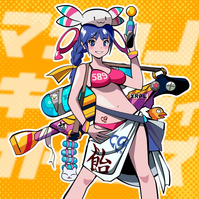 The image shows a vibrant anime-style character with blue braided hair, wearing a pink top labeled "589," a white cloth featuring the Japanese character "飴" (meaning "candy"), and various XRP-themed accessories including "XRPL" text and the XRP logo. She carries a colorful weapon and is accompanied by small bunny and duck mascots, directly promoting the XCandy Girls NFT collection on xrp.cafe.