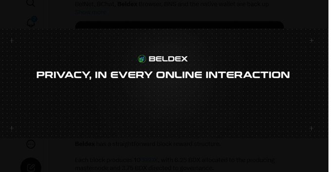 A dark banner featuring the Beldex logo and the tagline "PRIVACY, IN EVERY ONLINE INTERACTION," with partial text about block reward structure visible below.