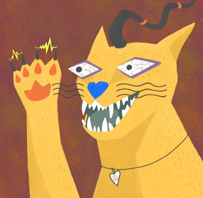 An illustration of a yellow cat with an open mouth showing sharp teeth, a blue heart-shaped nose, and a pendant necklace.