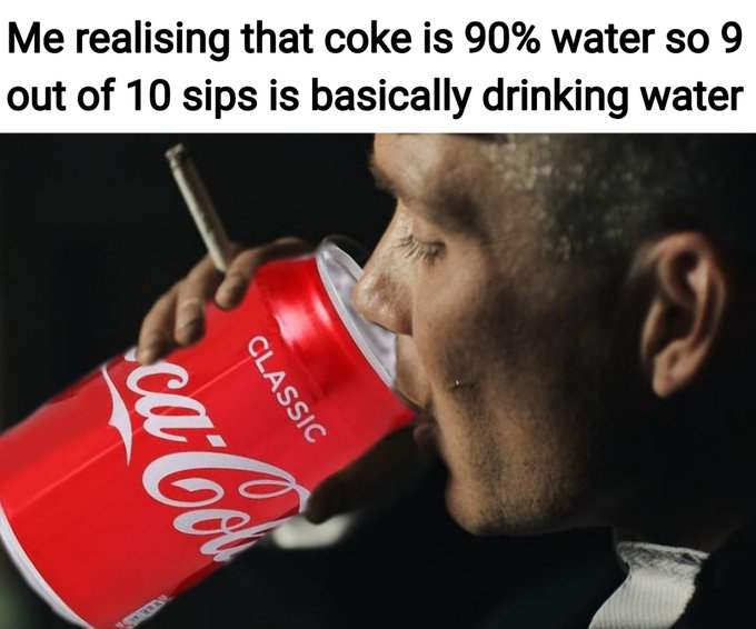 A man drinks from a red "Coca-Cola Classic" can, with caption text reading "Me realising that coke is 90% water so 9 out of 10 sips is basically drinking water." The image doesn't relate to the post about Solana's DEX volume milestone; it instead uses the soda analogy humorously to comment on consumption, unrelated to the crypto announcement.